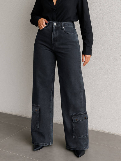 Black Washed Hem Pocket Stretch Straight Jeans