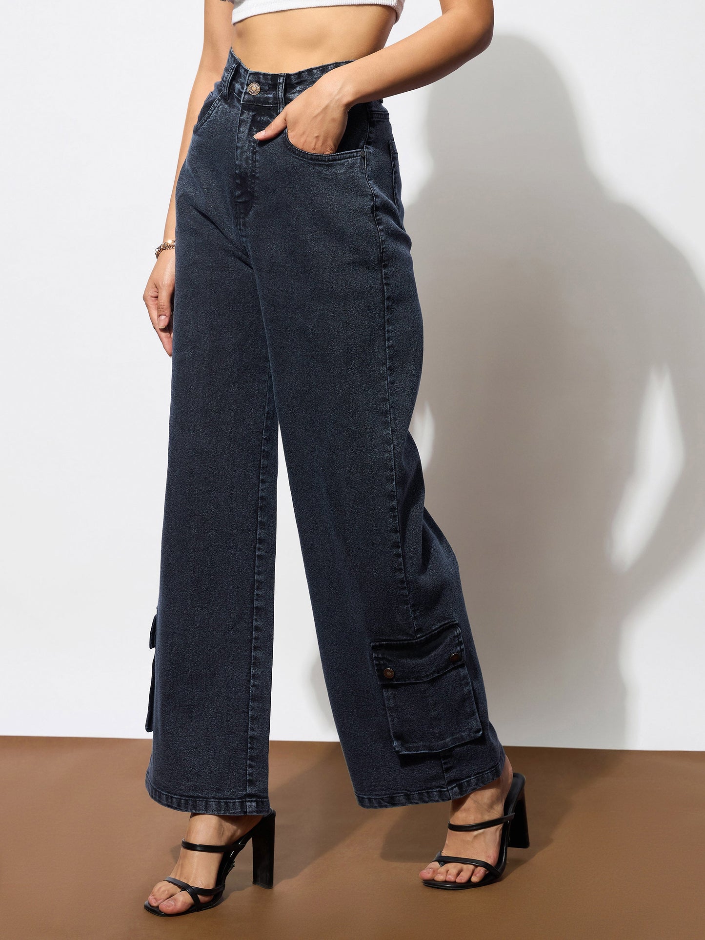 Black Washed Hem Pocket Stretch Straight Jeans