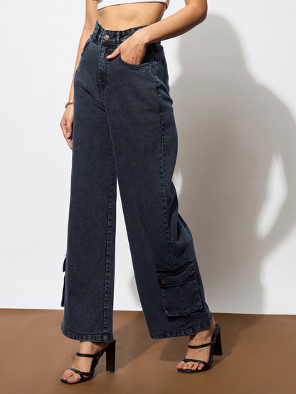Black Washed Hem Pocket Stretch Straight Jeans