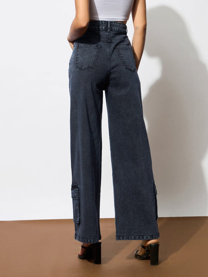 Black Washed Hem Pocket Stretch Straight Jeans