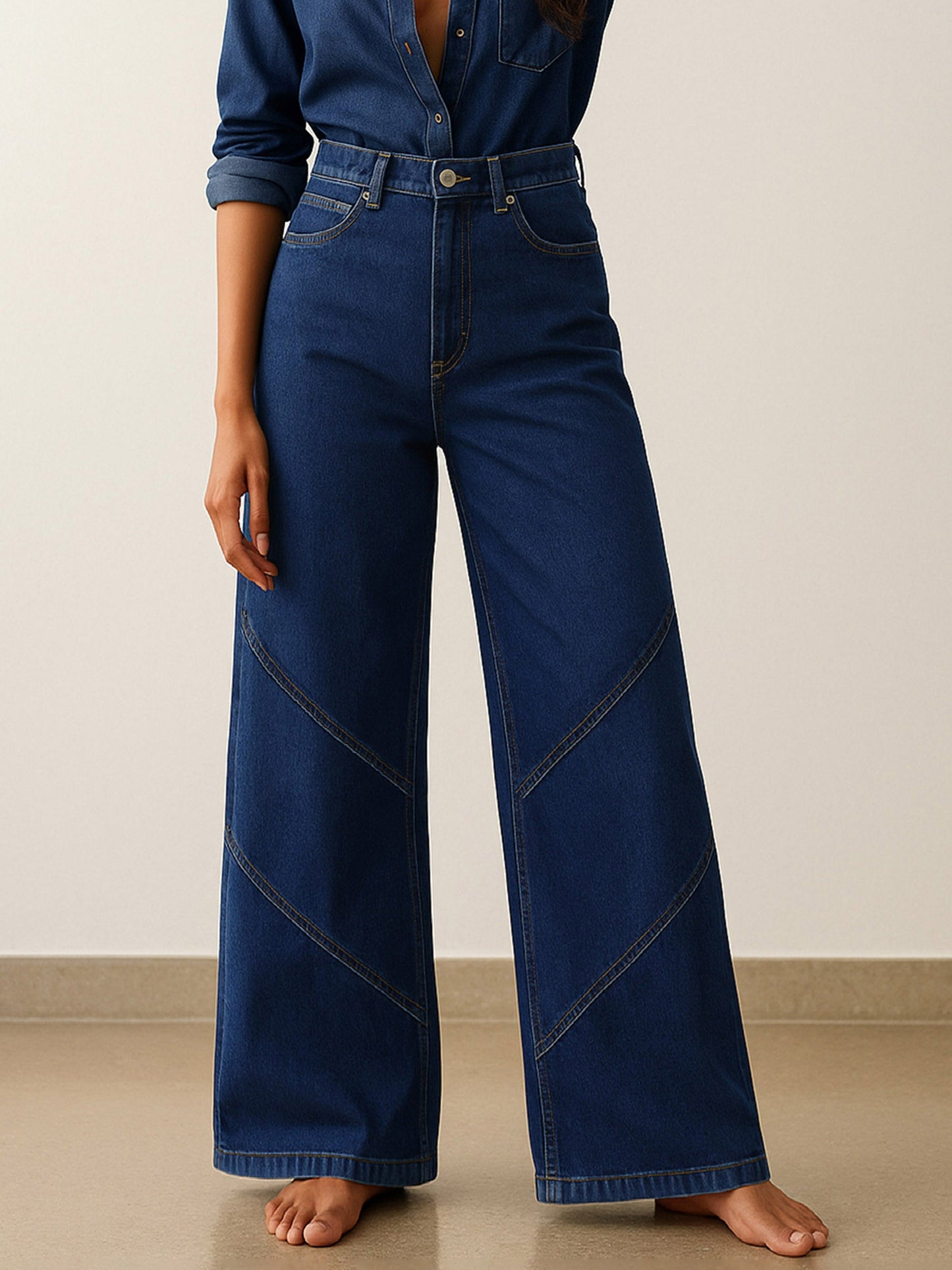 Navy High-Rise Stitch Detail Straight Jeans