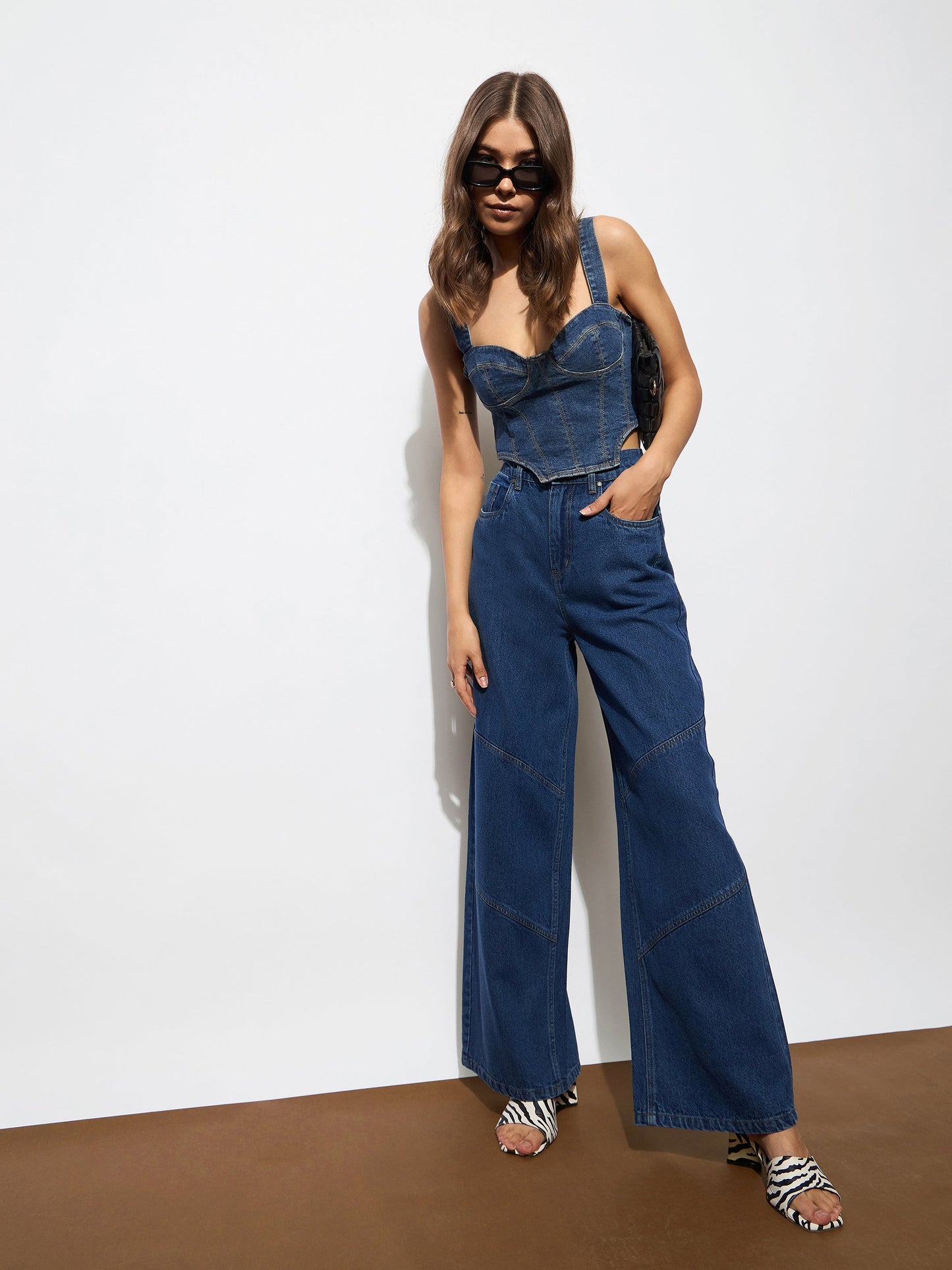 Navy High-Rise Stitch Detail Straight Jeans