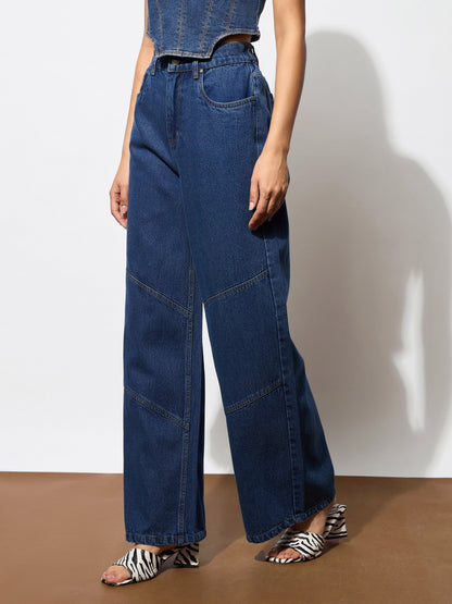 Navy High-Rise Stitch Detail Straight Jeans