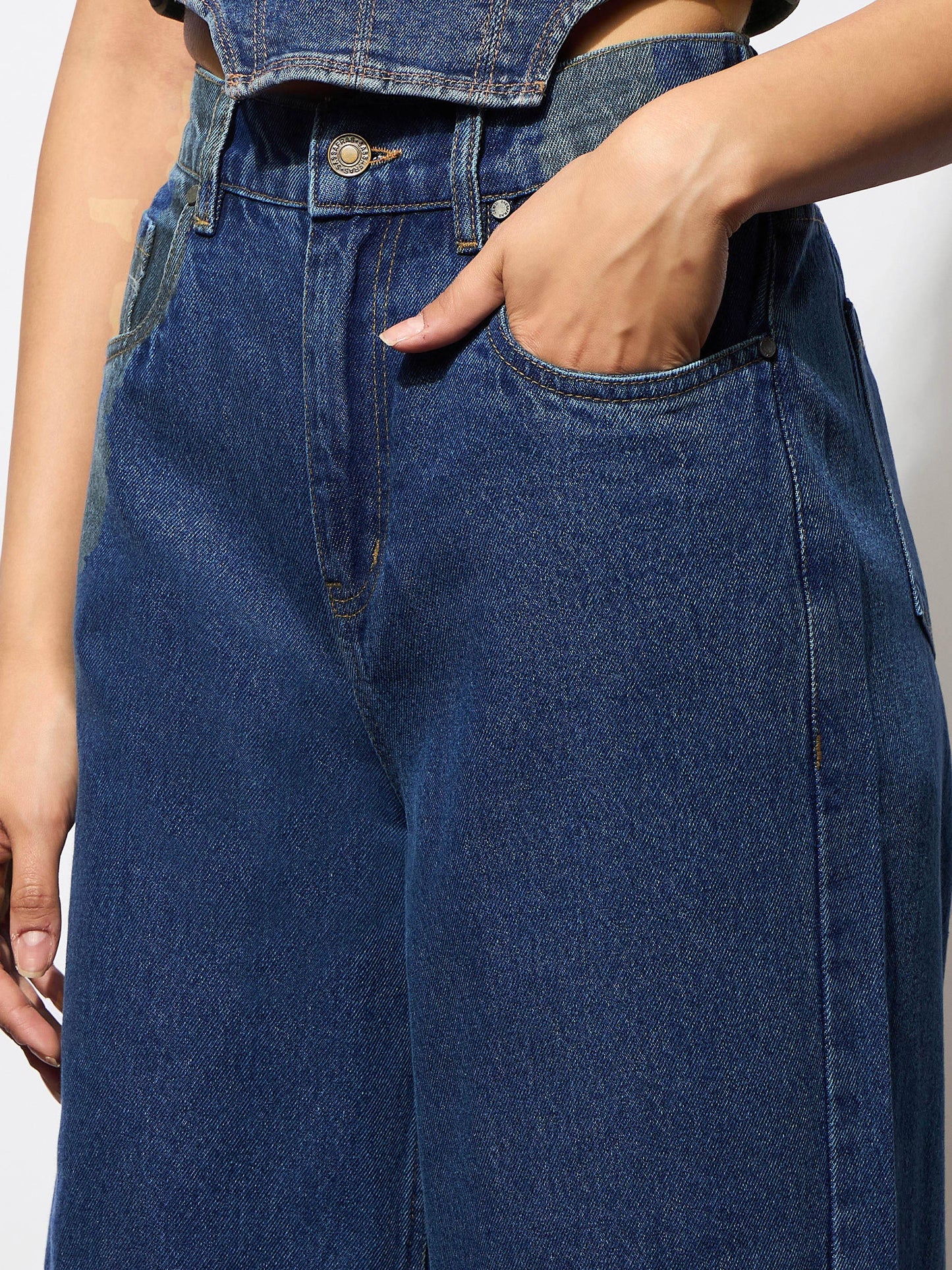 Navy High-Rise Stitch Detail Straight Jeans