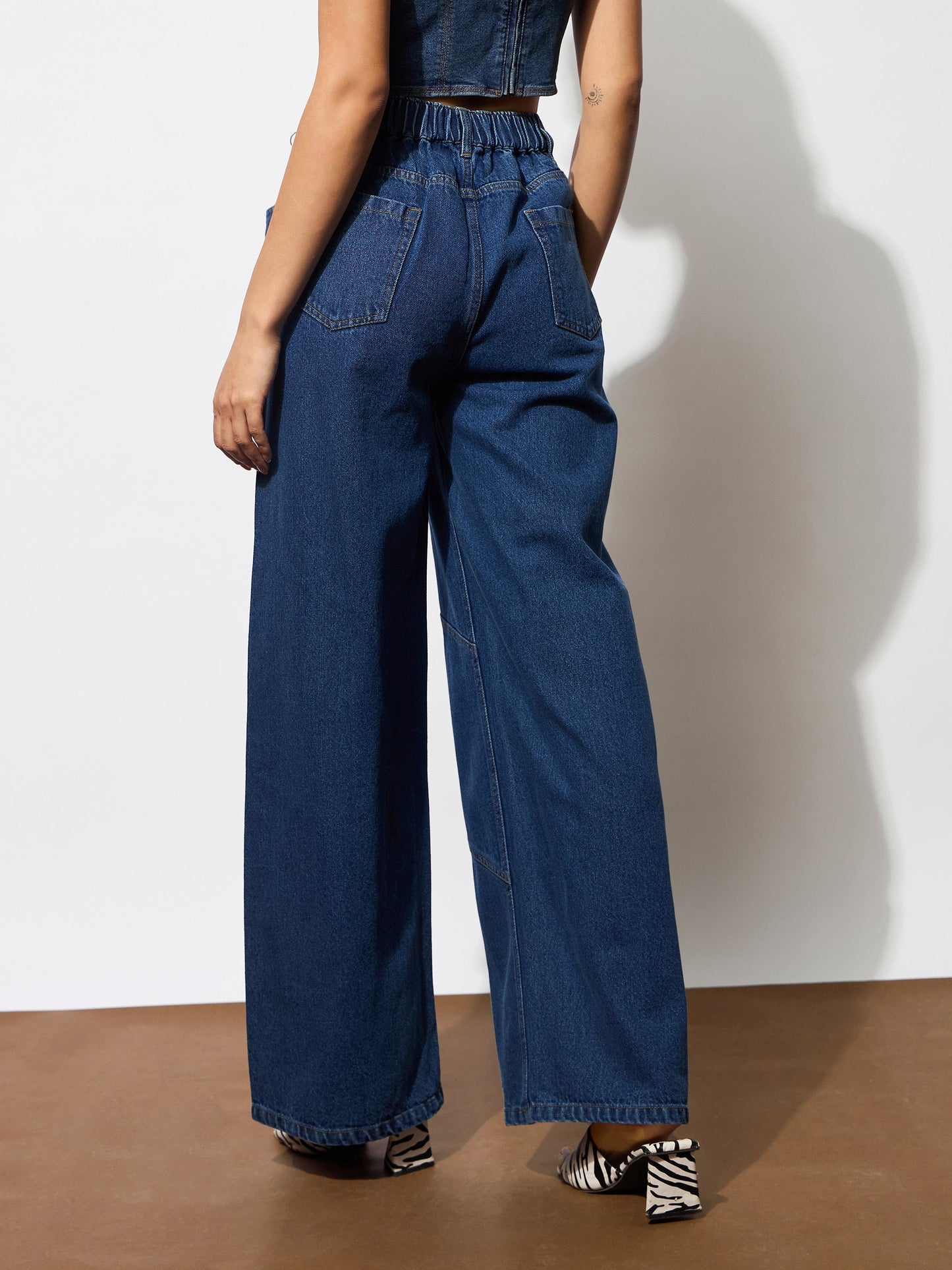 Navy High-Rise Stitch Detail Straight Jeans