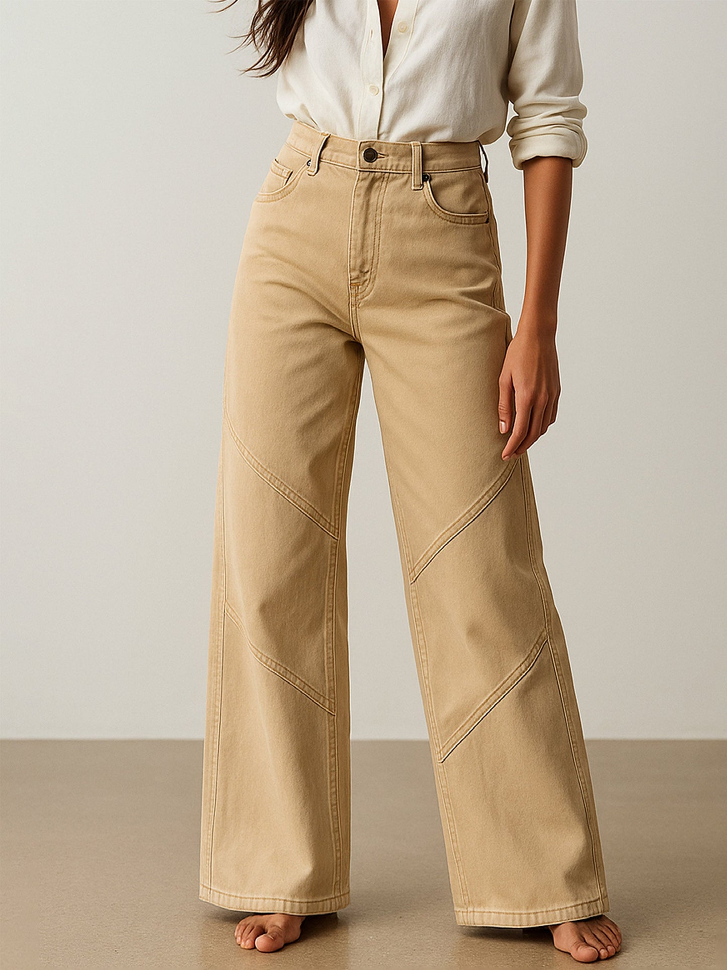 Beige High-Rise Stitch Detail Straight Jeans