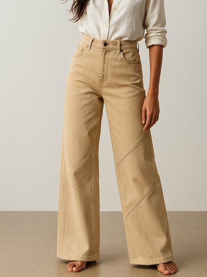 Beige High-Rise Stitch Detail Straight Jeans
