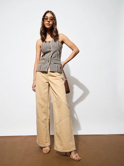 Beige High-Rise Stitch Detail Straight Jeans
