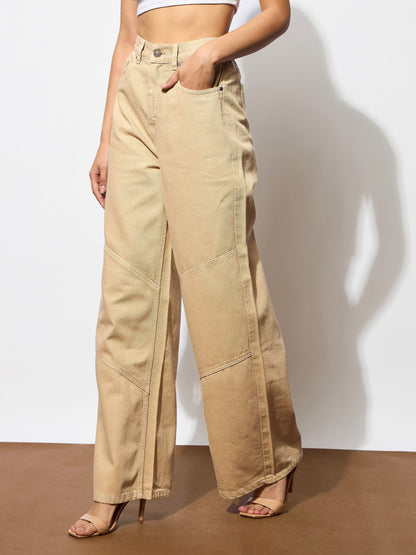 Beige High-Rise Stitch Detail Straight Jeans