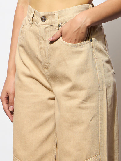 Beige High-Rise Stitch Detail Straight Jeans
