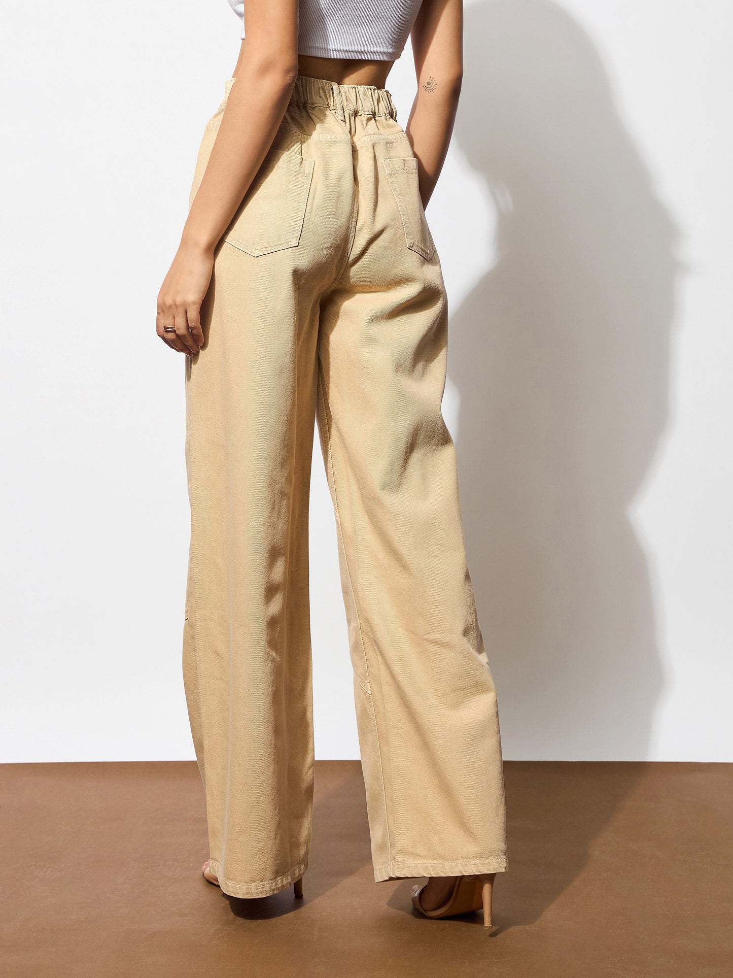 Beige High-Rise Stitch Detail Straight Jeans