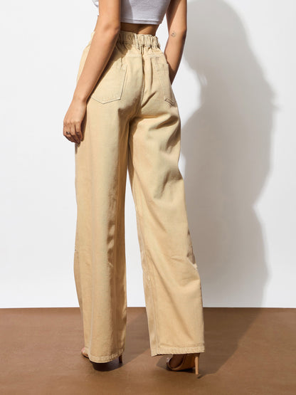 Beige High-Rise Stitch Detail Straight Jeans