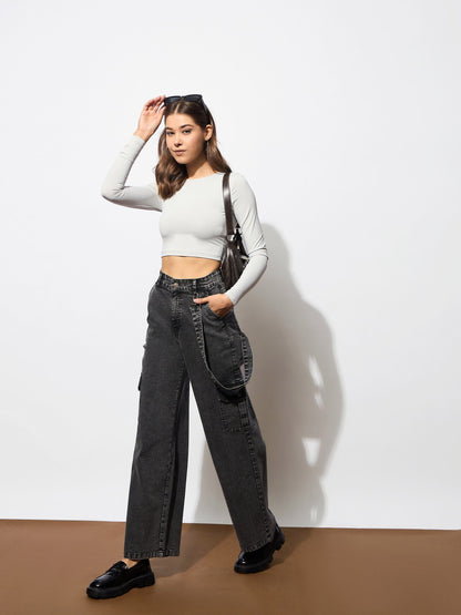 Black Washed Denim Side Pockets Loop Jeans