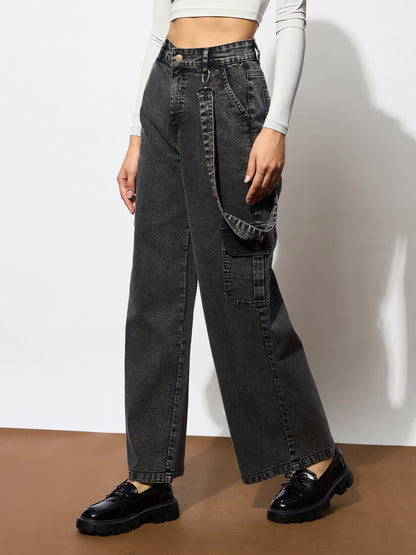Black Washed Denim Side Pockets Loop Jeans