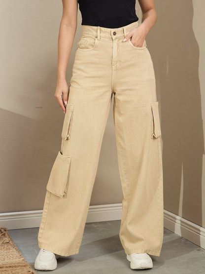 Women Beige Box Pocket Straight Cargo Jeans