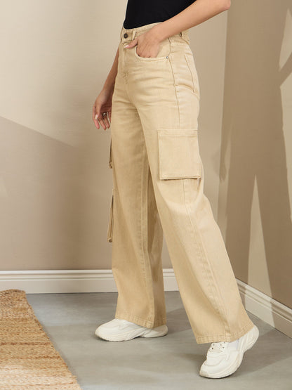 Women Beige Box Pocket Straight Cargo Jeans