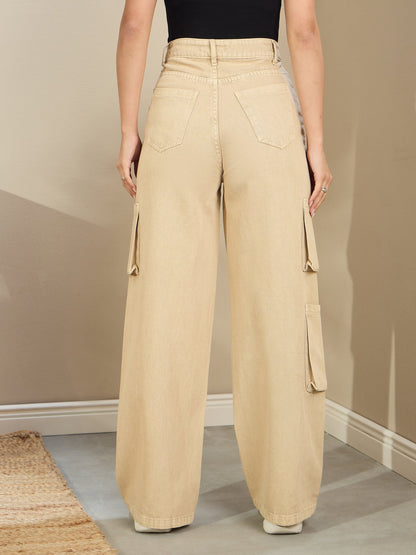 Women Beige Box Pocket Straight Cargo Jeans