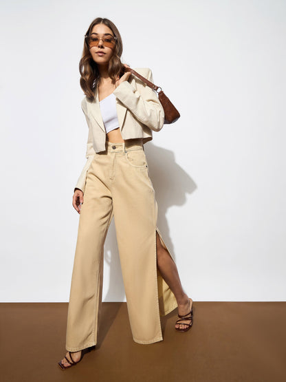 Beige Side Slit Wide Leg Jeans