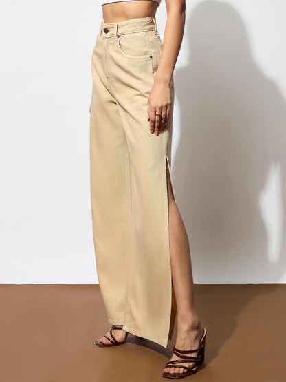 Beige Side Slit Wide Leg Jeans