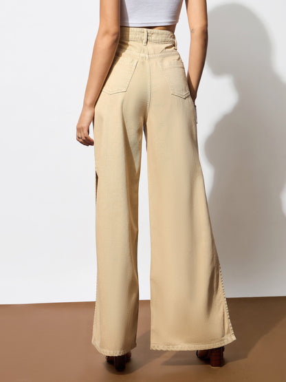 Beige Side Slit Wide Leg Jeans