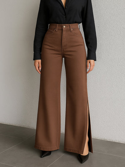 Brown Side Slit Wide Leg Jeans
