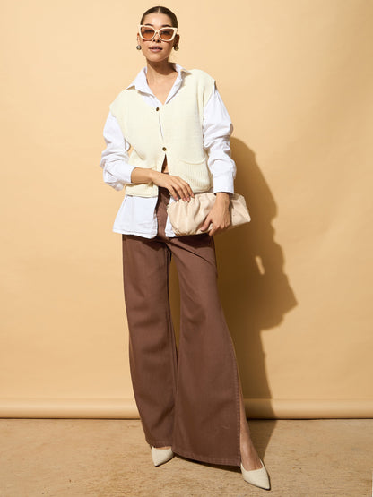 Brown Side Slit Wide Leg Jeans