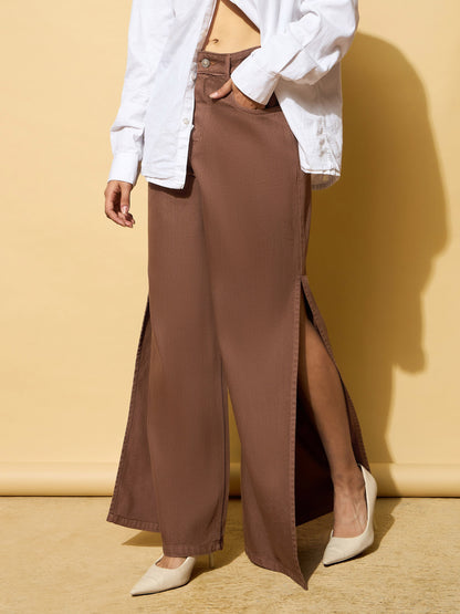 Brown Side Slit Wide Leg Jeans