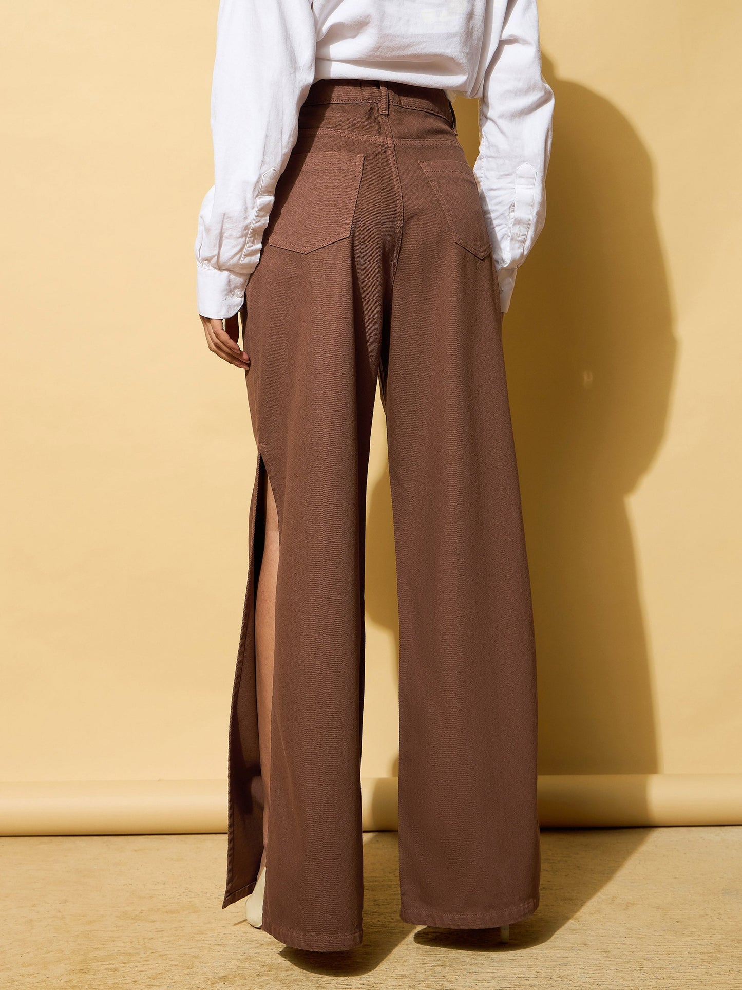 Brown Side Slit Wide Leg Jeans