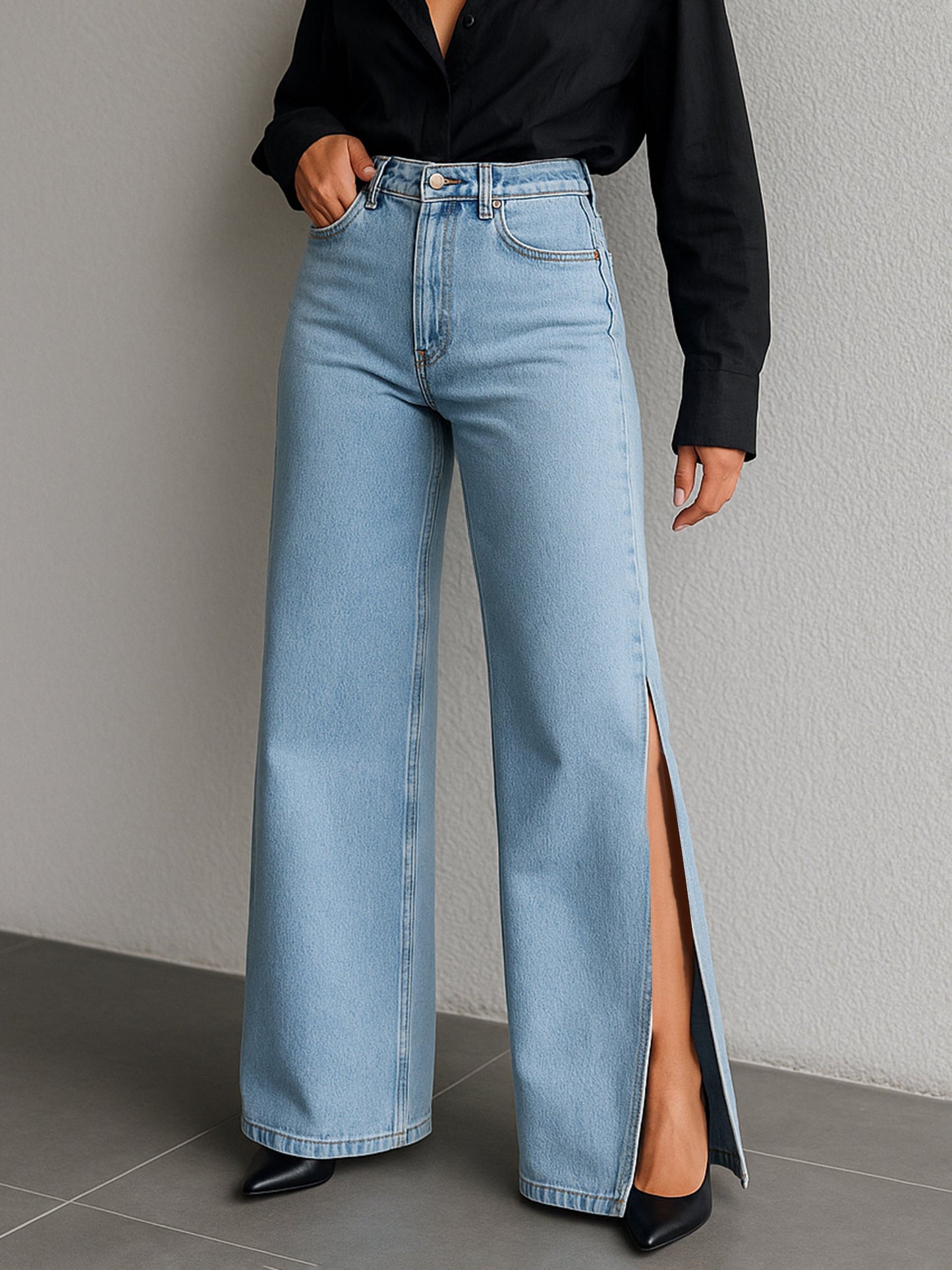 Blue Side Slit Wide Leg Jeans