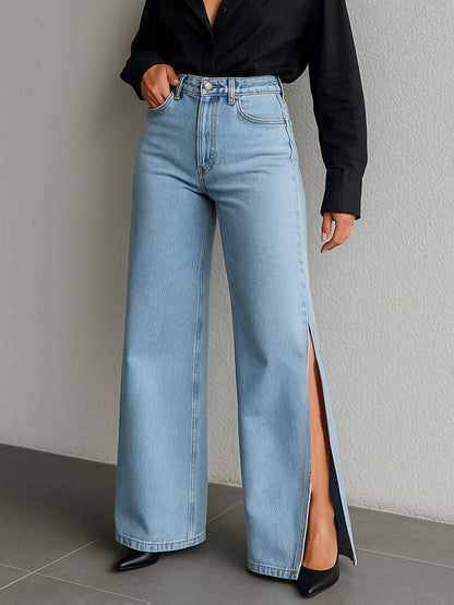 Blue Side Slit Wide Leg Jeans