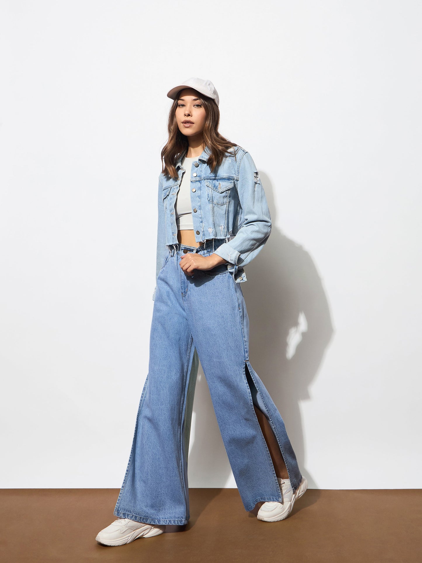 Blue Side Slit Wide Leg Jeans