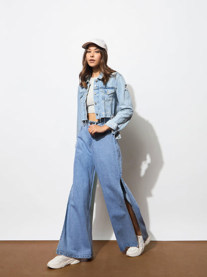 Blue Side Slit Wide Leg Jeans