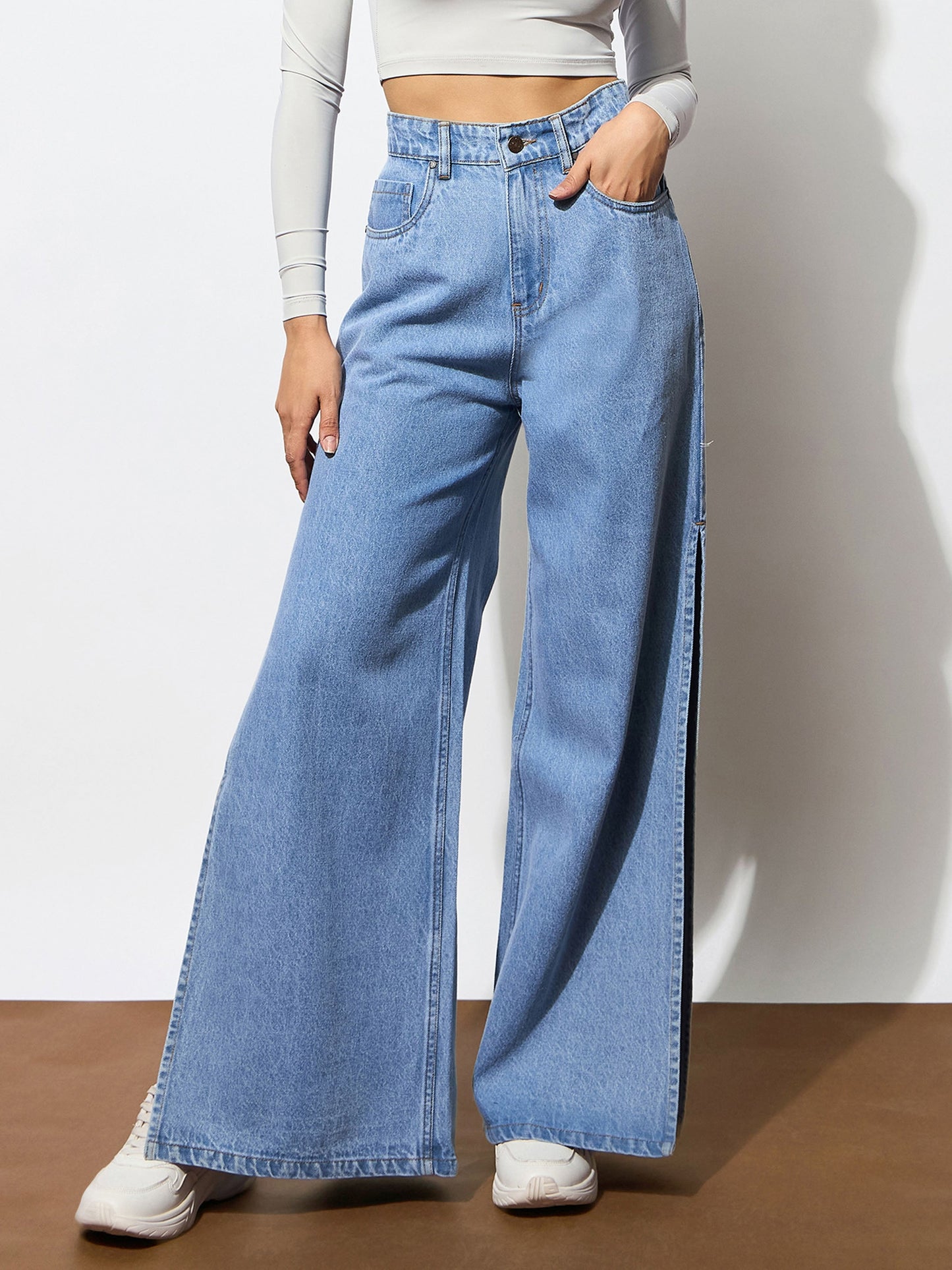 Blue Side Slit Wide Leg Jeans