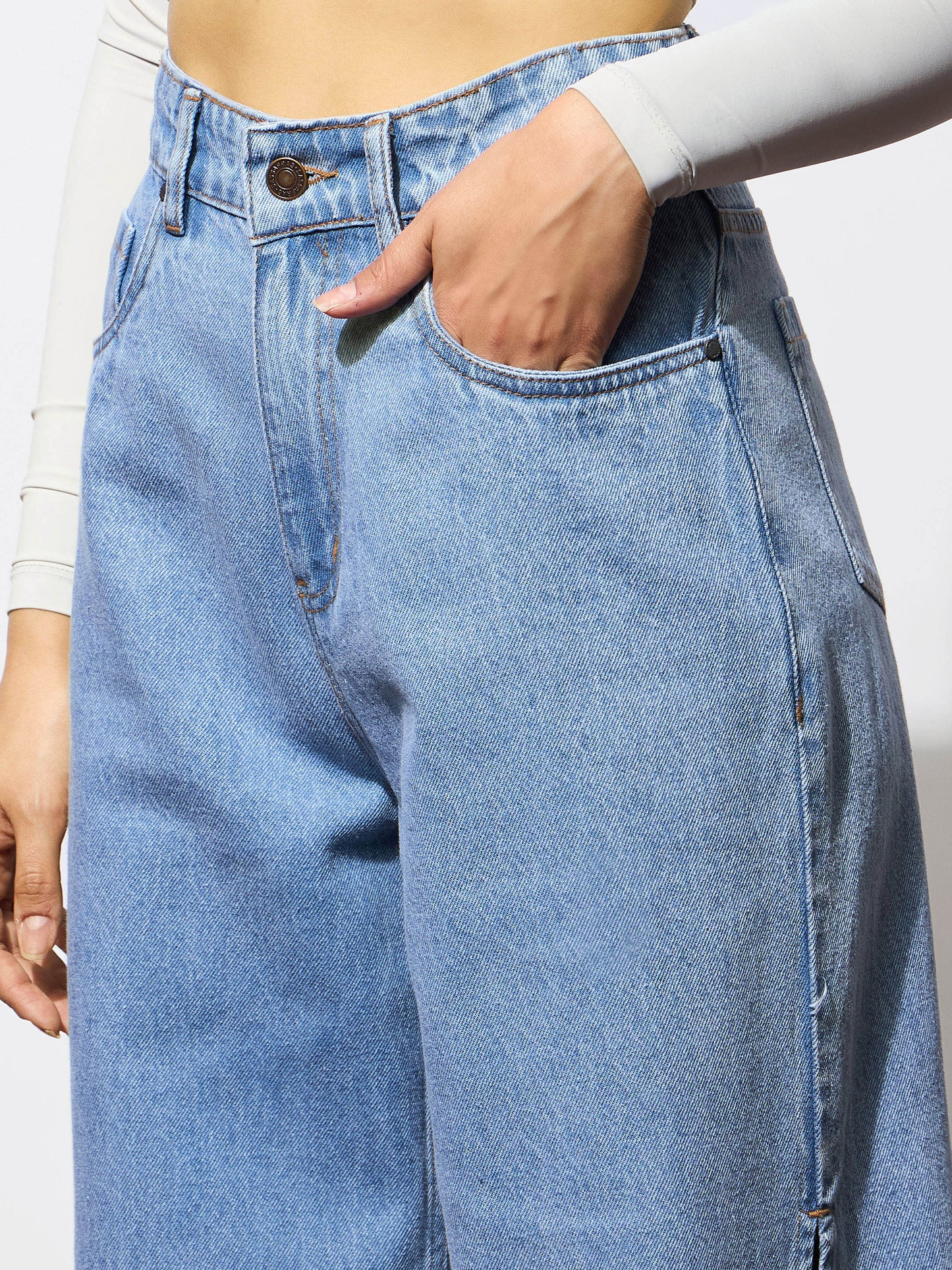 Blue Side Slit Wide Leg Jeans
