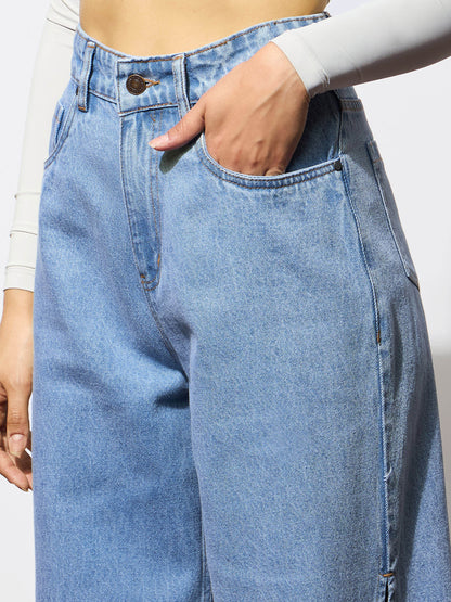 Blue Side Slit Wide Leg Jeans