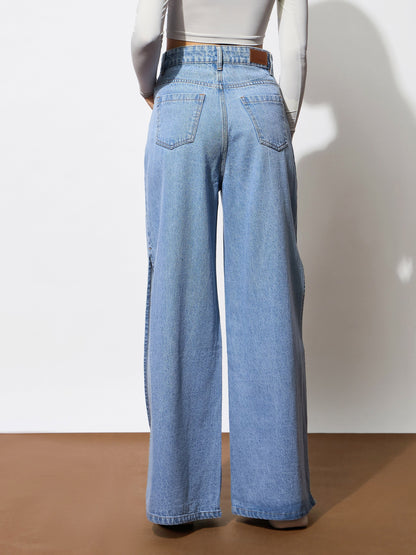 Blue Side Slit Wide Leg Jeans