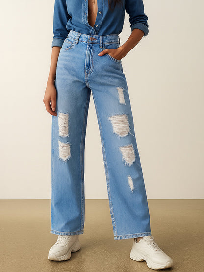 Light Blue Heavy Distressed Straight Frayed Jeans