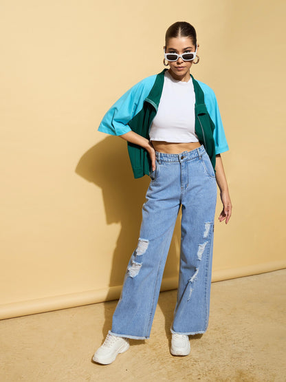 Light Blue Heavy Distressed Straight Frayed Jeans