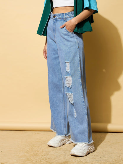 Light Blue Heavy Distressed Straight Frayed Jeans