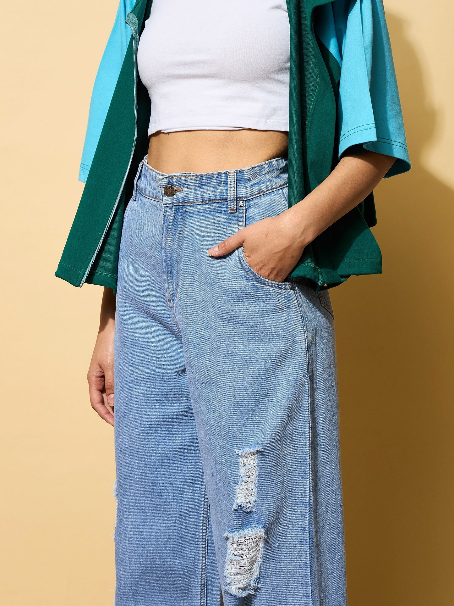Light Blue Heavy Distressed Straight Frayed Jeans