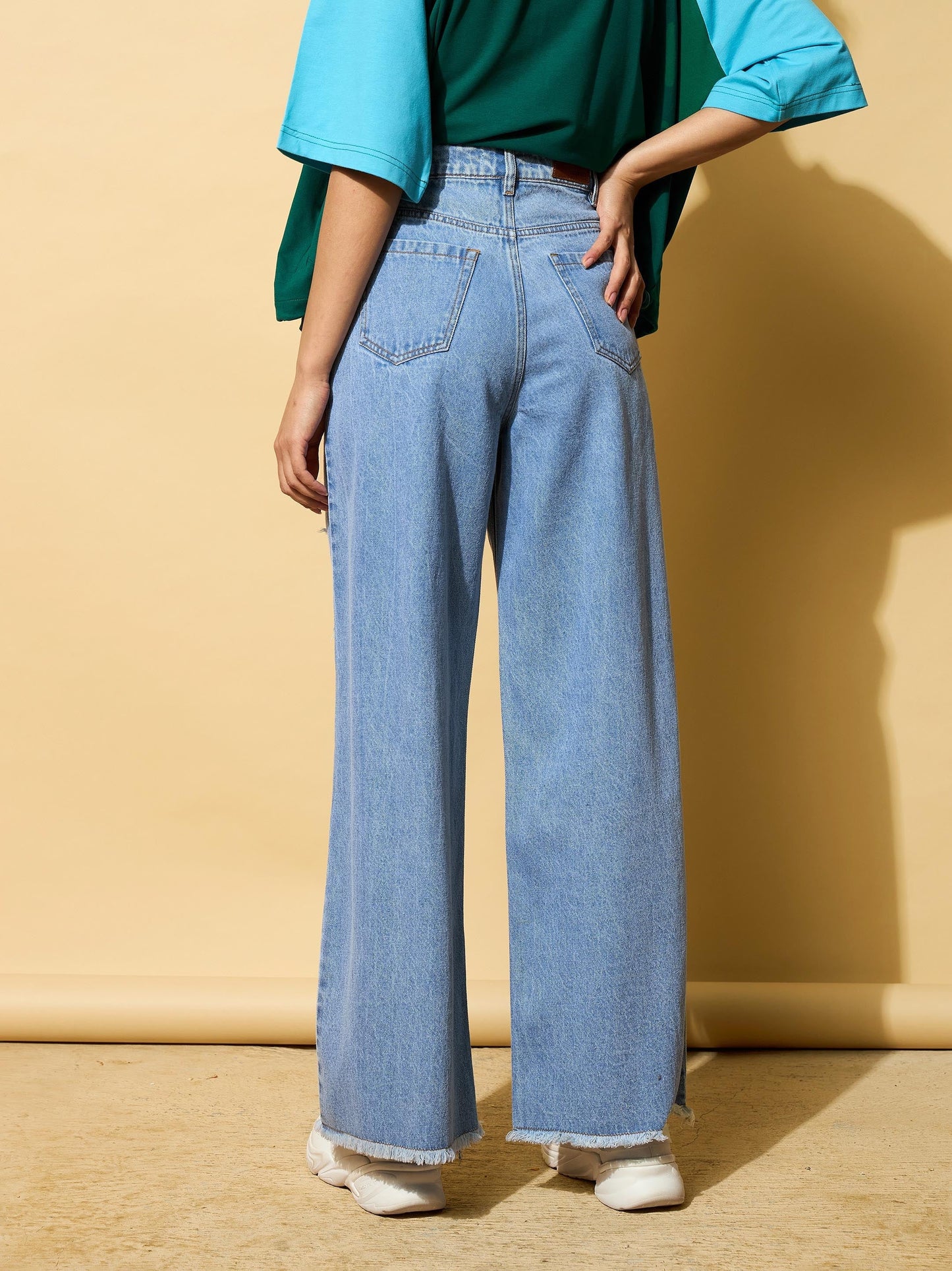 Light Blue Heavy Distressed Straight Frayed Jeans