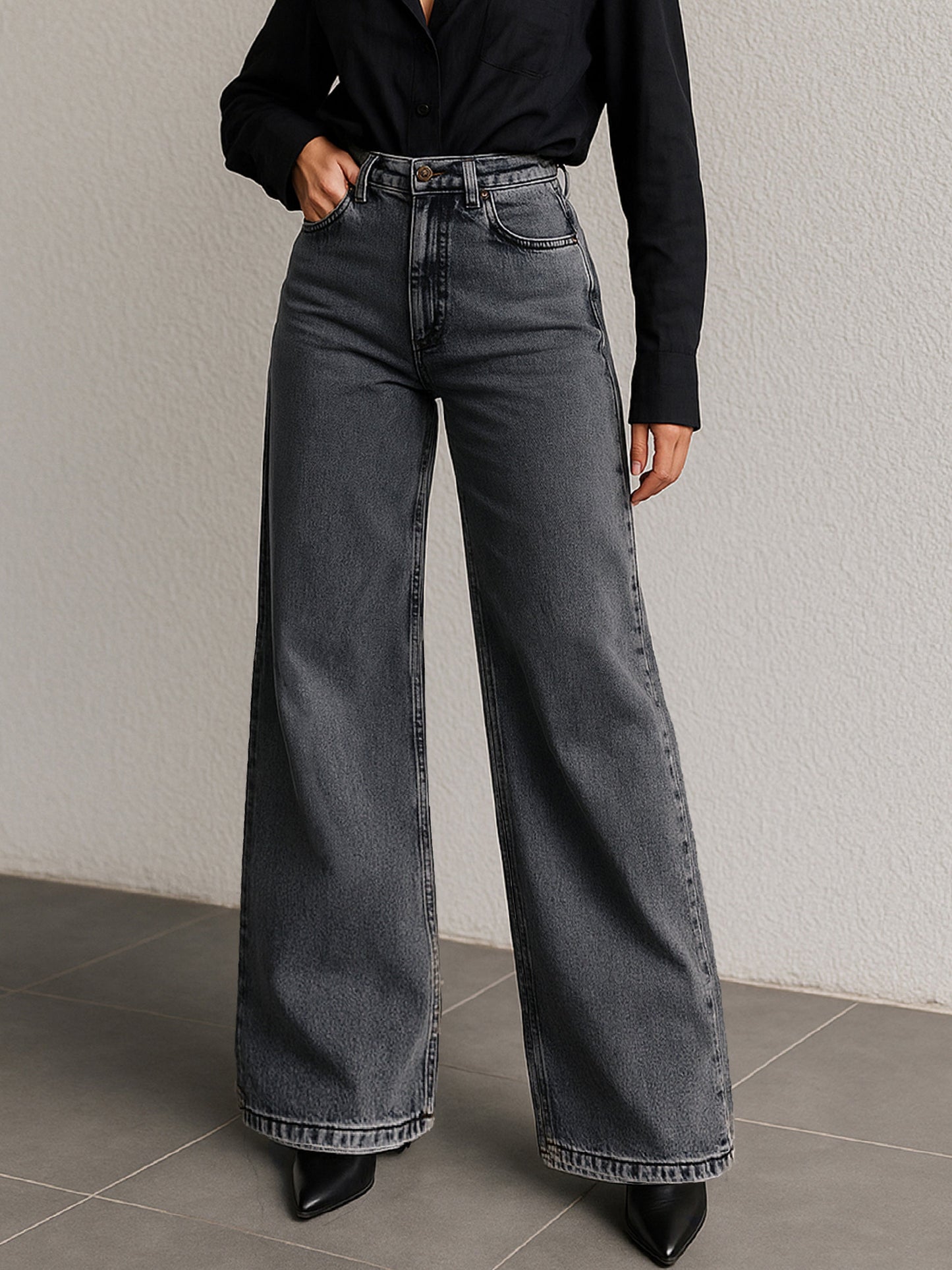 Grey Low Waist Wide Leg Jeans
