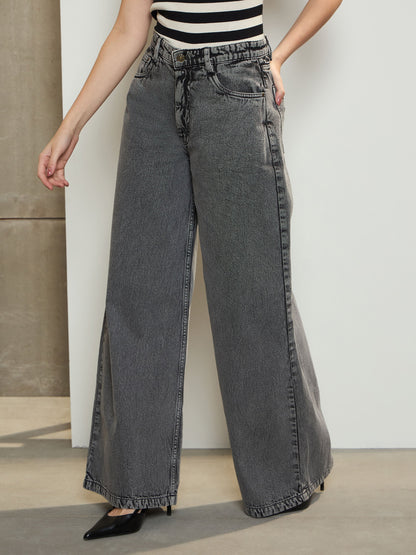 Grey Low Waist Wide Leg Jeans