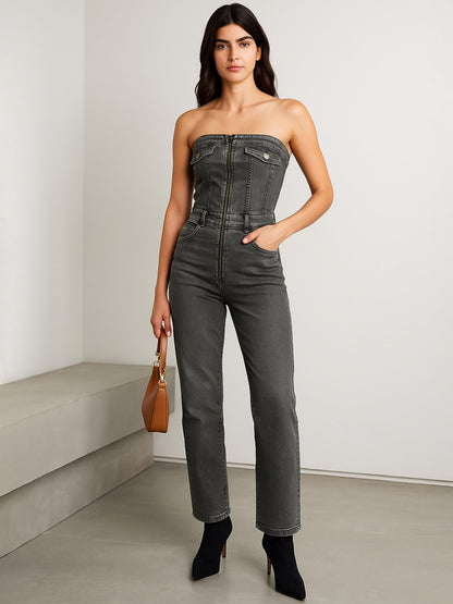 Grey Denim Off-Shoulder Flap Jumpsuit