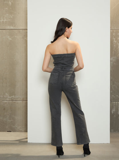 Grey Denim Off-Shoulder Flap Jumpsuit