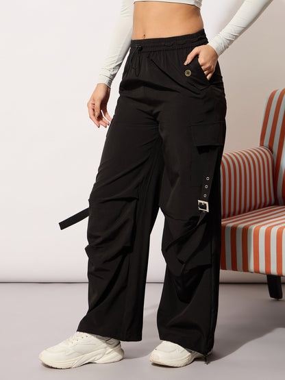 Black Parachute Side Metal Buckle Detail Cargos