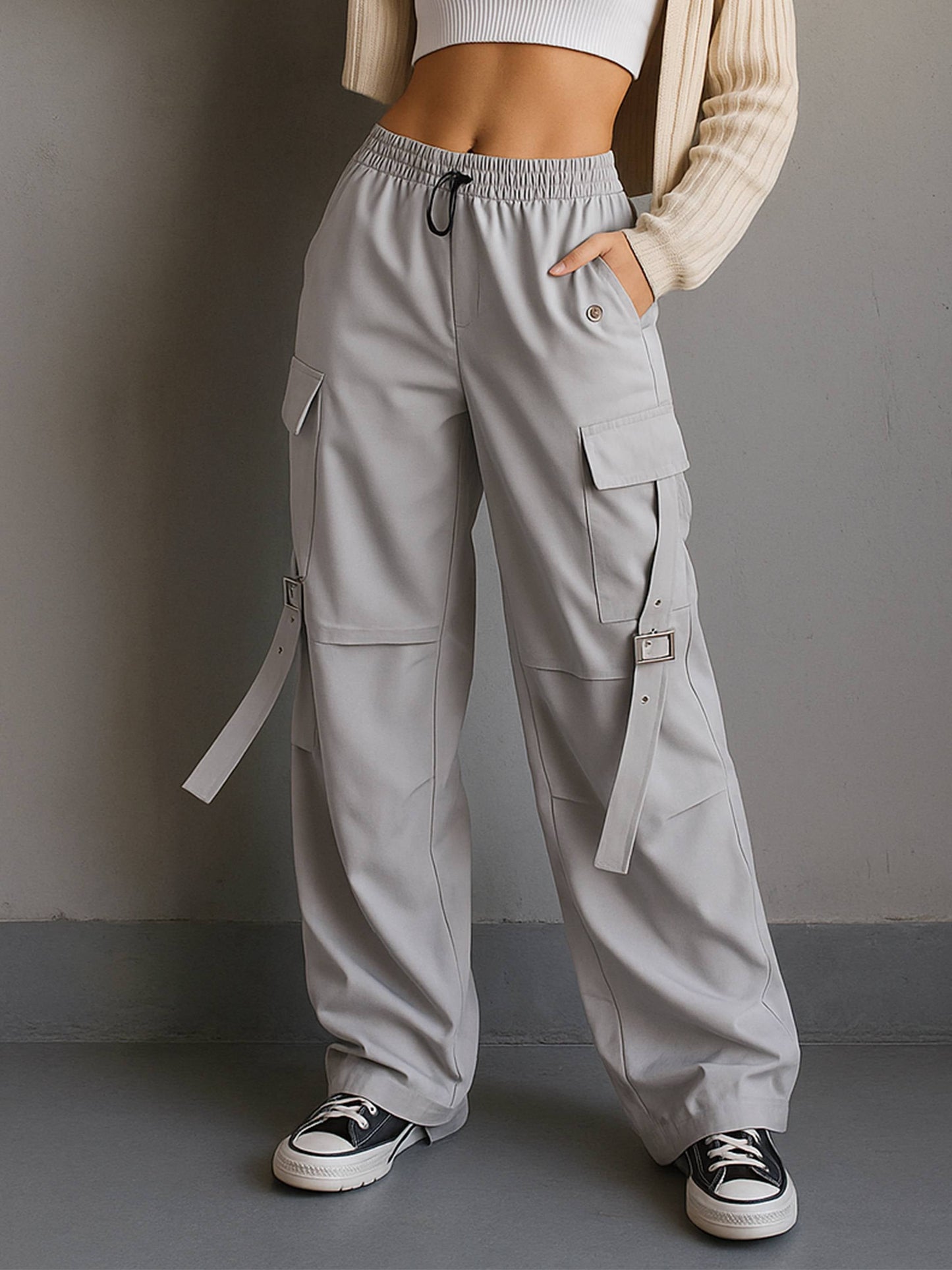 Grey Parachute Side Metal Buckle Detail Cargos