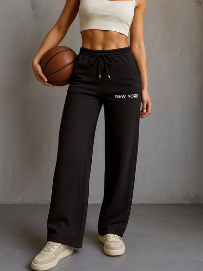 Women Black Terry NEW YORK Print Track Pants