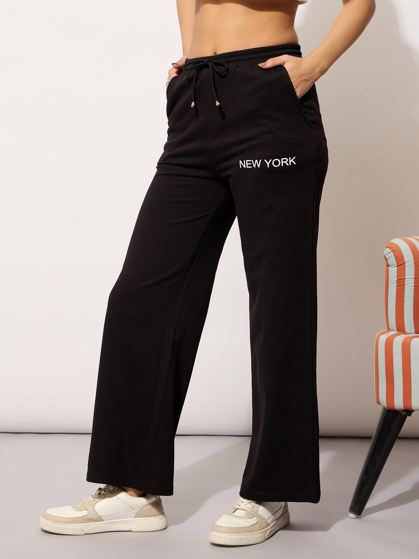 Women Black Terry NEW YORK Print Track Pants