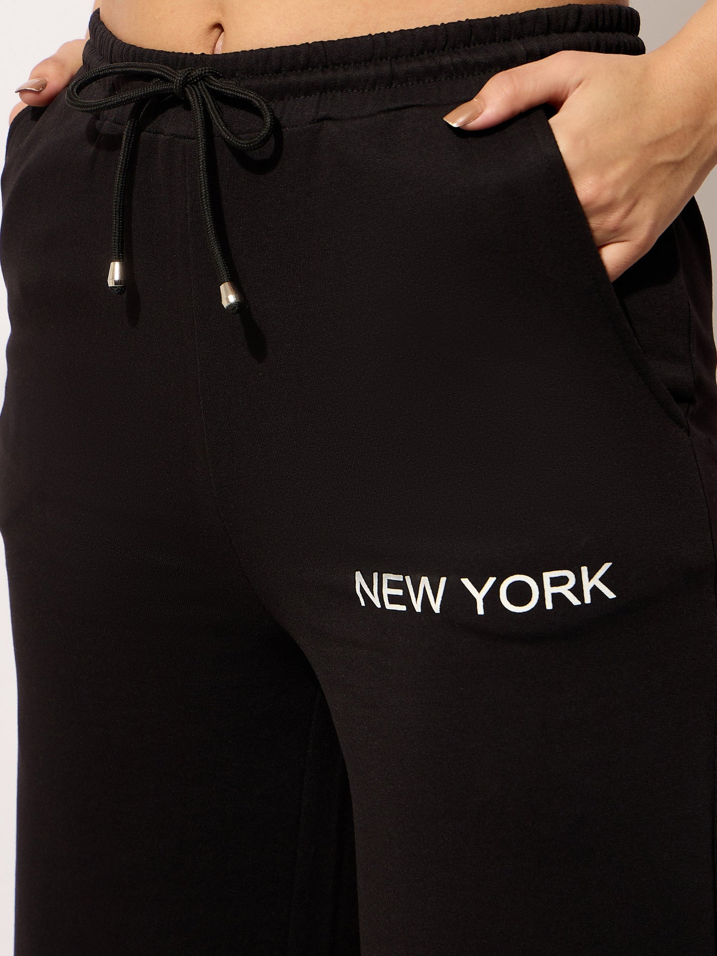 Women Black Terry NEW YORK Print Track Pants